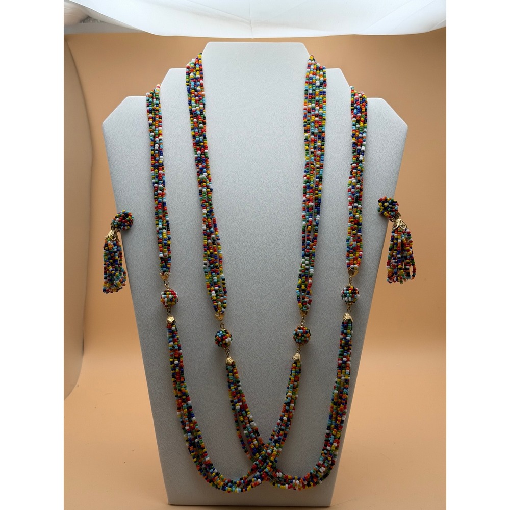 Vintage Japan Multi Strand Seed Bead Necklace and Tassel Clip On Earrings Set